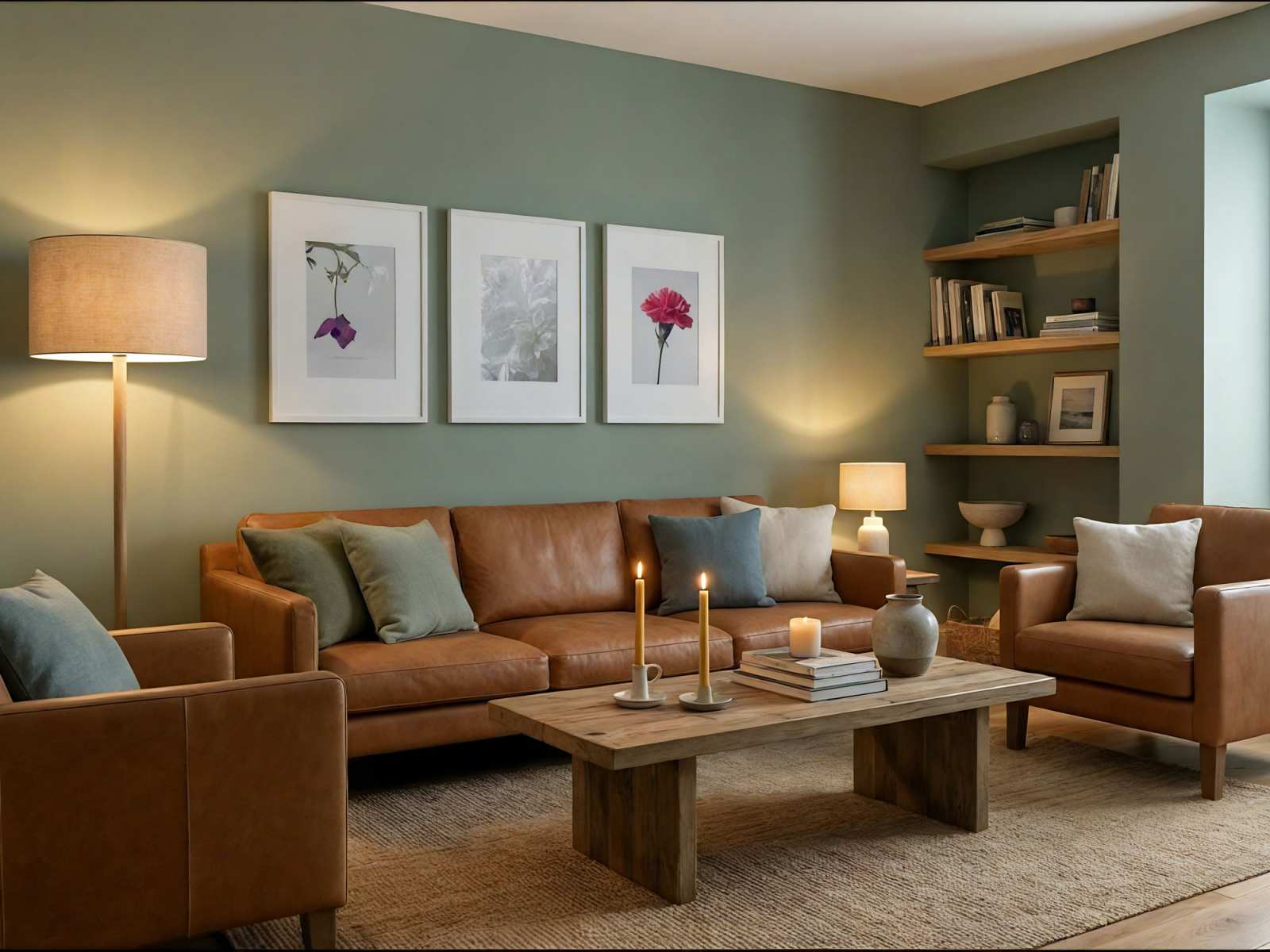 Serie Flow: 3 fine art foto’s aan de muur in een stemmige woonkamer