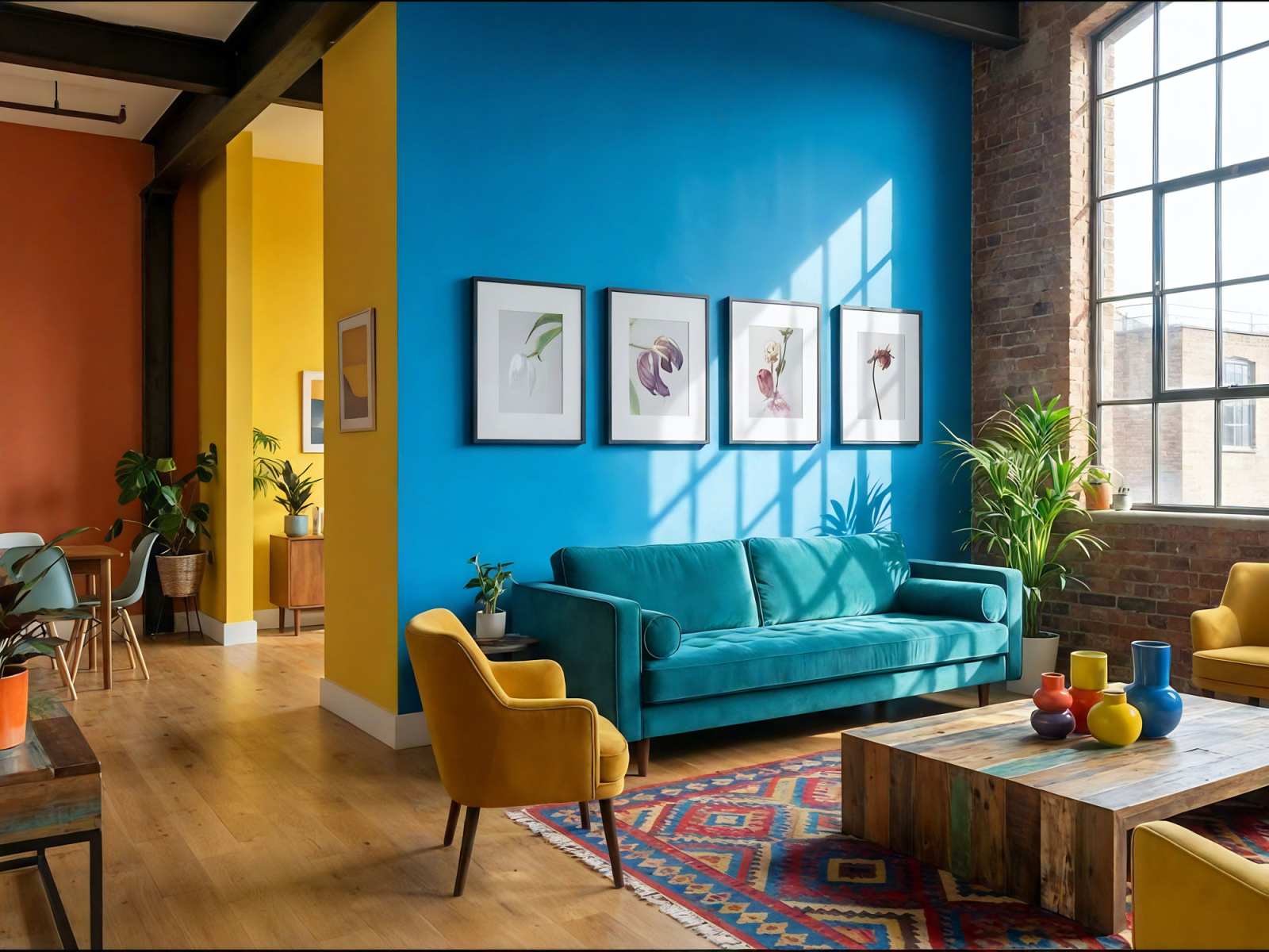 Serie Flow: 4 fine art afdrukken aan de muur in een kleurige woonkamer