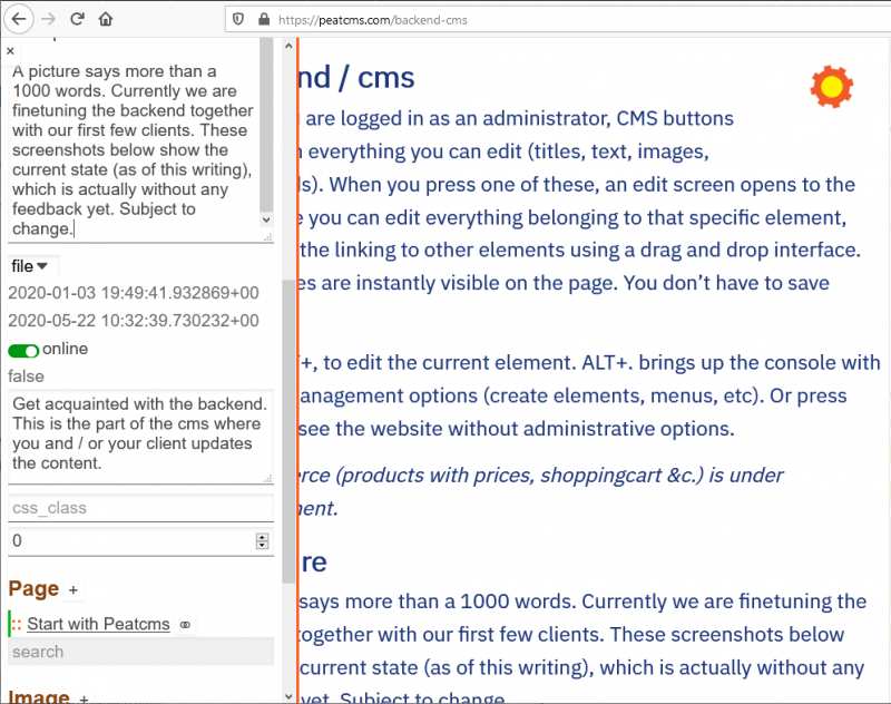 Peatcms backend screenshot text editor